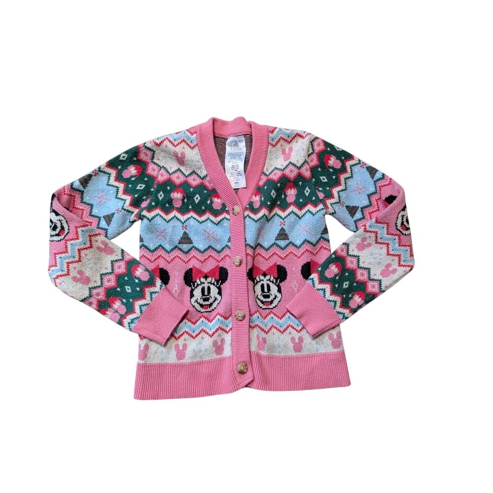 Disney Mickey Mouse Girls Pink Fair Isle Button Front Cardigan Sweater Size 5/6